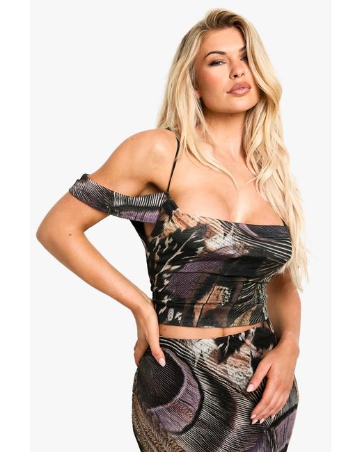 Boohoo Black Crushed Mesh Peacock Feather Printed Cowl Neck Top