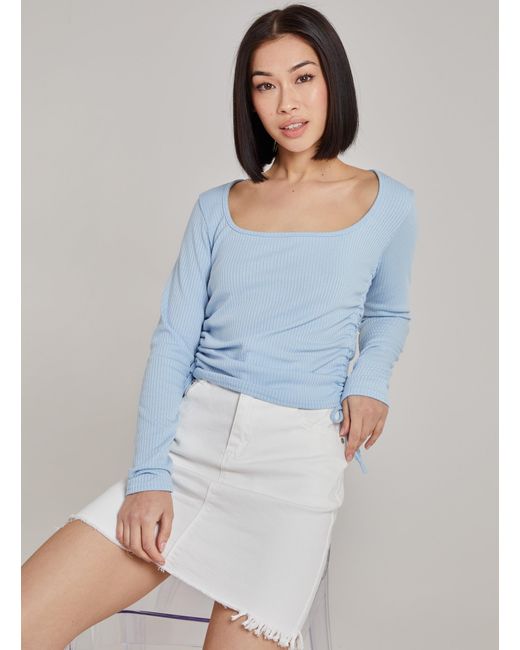 Pink Vanilla Blue Ruched Square Neck Ribbed Top