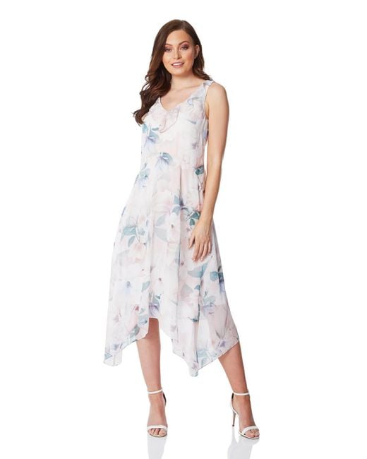 Roman White Floral Chiffon Frill Midi Dress