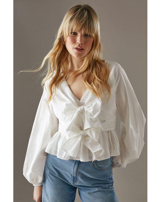 Warehouse Gray Poplin Tie Front Balloon Sleeve Blouse