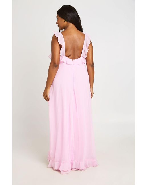 Boohoo Pink Plus V Neck Chiffon Ruffle Maxi Dress