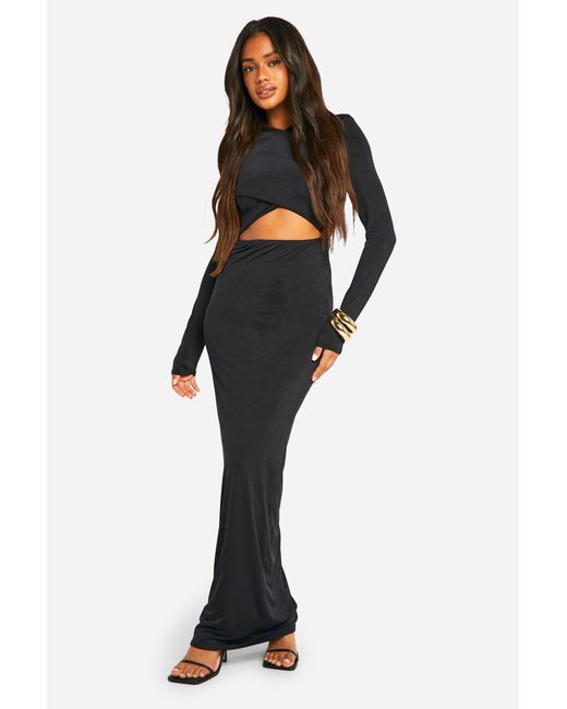 Boohoo Black Shoulder Pad Cross Over Cut Out Slinky Maxi Dress