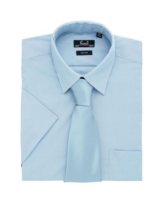 PREMIER Blue Short Sleeve Formal Poplin Plain Work Shirt (Light) for men