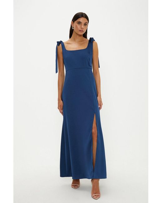 Oasis Blue Satin Tie Shoulder Midi Bridesmaids Dress