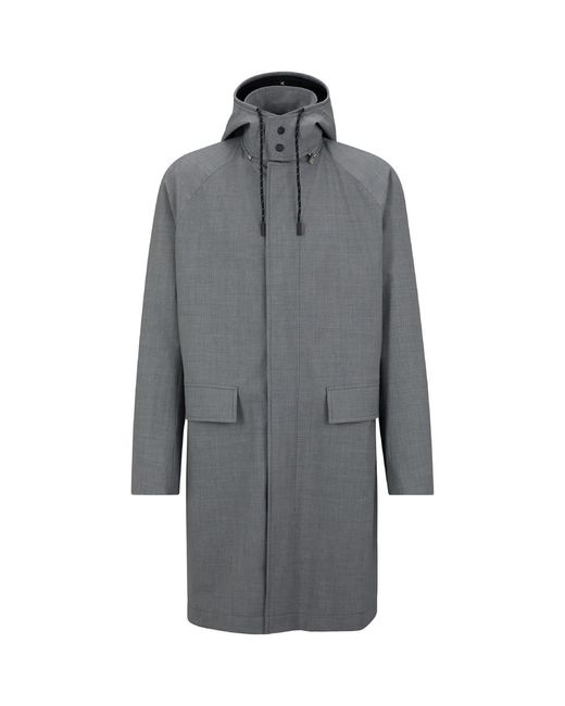 Boss Gray Hooded Snap Button Solid Patterned Over Coat for men