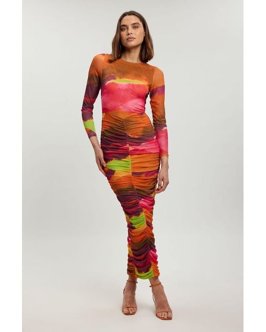 Karen Millen Red Marbled Print Mesh Ruched Maxi Dress