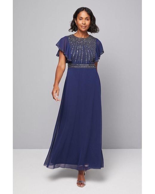 Wallis Blue Embellished Ruffle Sleeve Maxi Dress