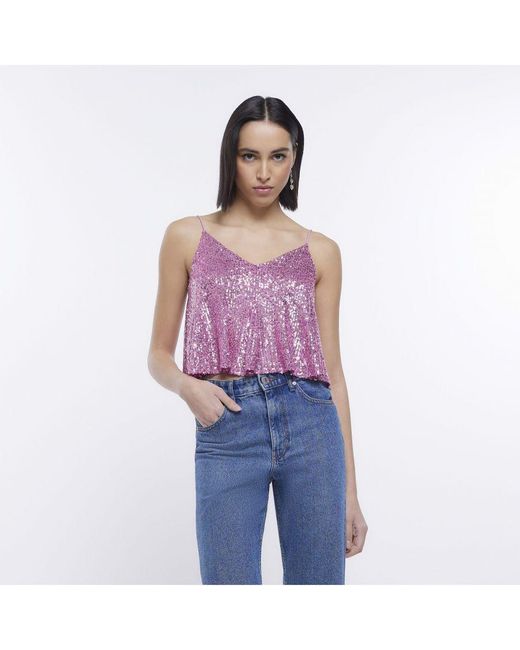 River Island Blue Cami Top Purple Sequin Cropped