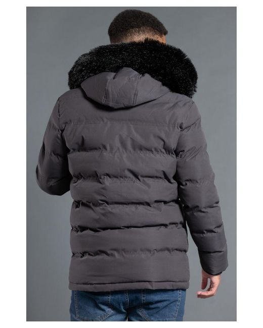 Nines Black Longline Hooded Padded Jacket With Faux Fur Hood for men