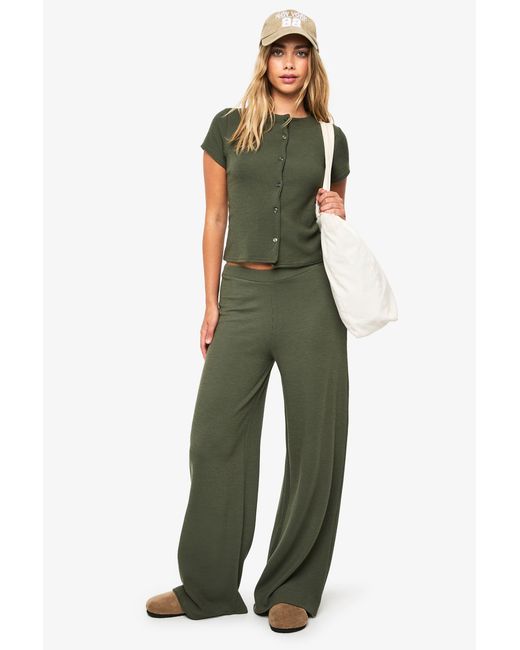 Boohoo Green Crinkle Rib Button Through Cap Sleeve Top And Trouser Set