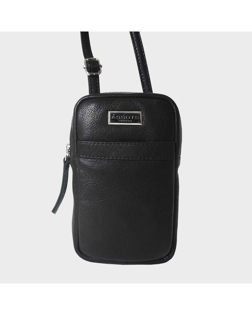 Assots London Black 'Leo' Real Leather Crossbody Mobile Phone Bag