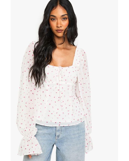 Boohoo White Chiffon Ditsy Floral Milkmaid Top
