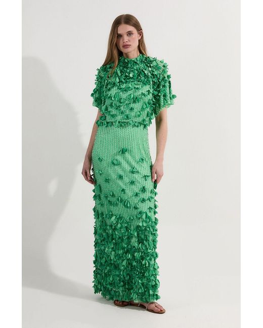 Karen Millen Green Crystal Applique Angel Sleeve Woven Maxi Dress