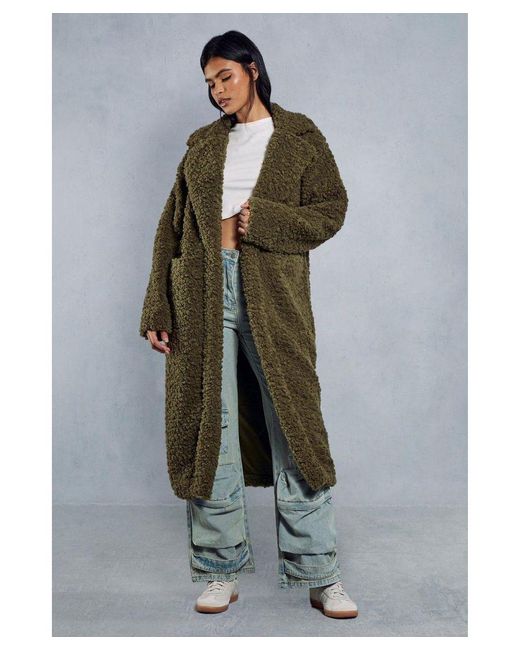 MissPap Green Longline Oversized Collar Teddy Fur Coat