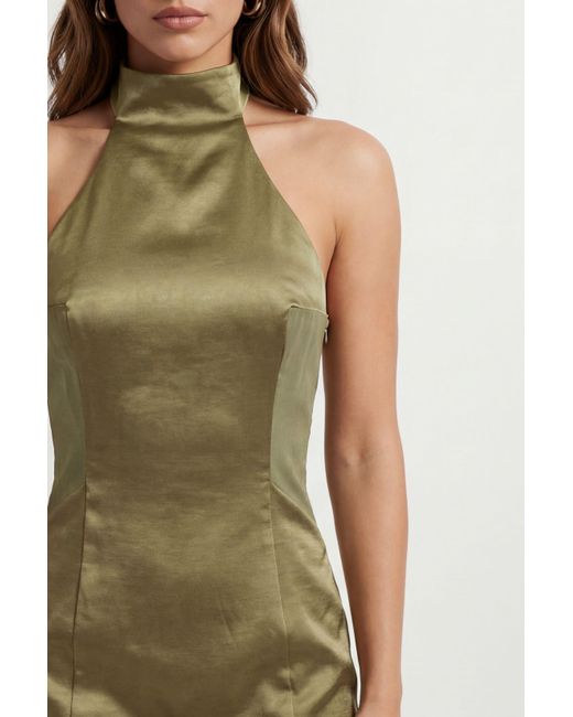 MissPap Green High Neck Halter Panelled Satin Mini Dress