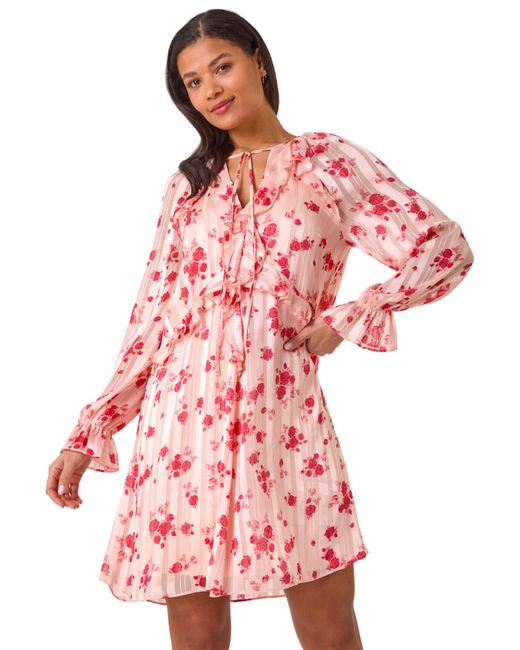 Roman Red Rose Print Ruffle V-Neck Smock Dress