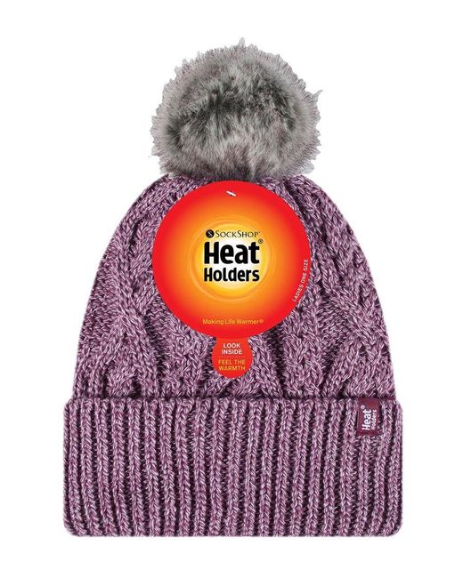 Heat Holders Purple Ladies Ribbed Cuffed Pom Pom Bobble Beanie Hat With Fleece Lining