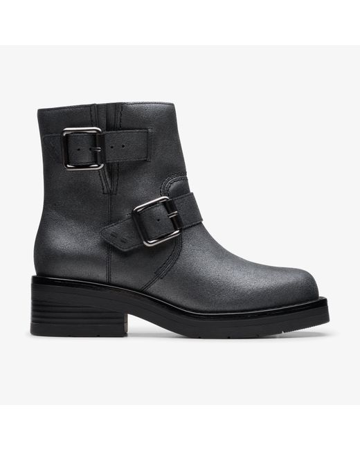 Clarks Black Rebelle Buckle Pewter Metallic Boots