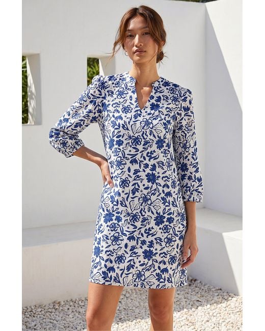 Roman Blue Floral Print V-Neck Shirt Dress