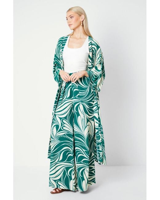 PRINCIPLES Green Abstract Printed Longline Kimono