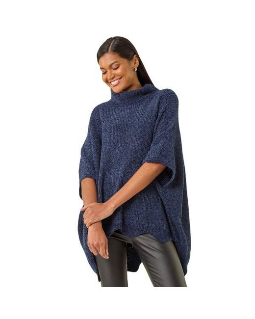 Roman Blue Roll Neck Chenille Knit Poncho