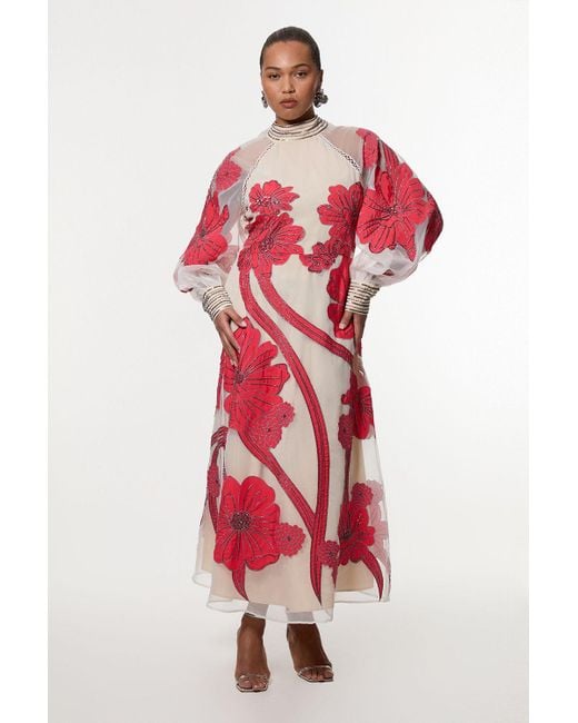 Karen Millen Plus Size Applique Organdie Floral Graphic Maxi Dress in Red |  Lyst UK