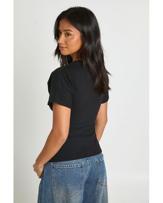 Boohoo Black Petite Jersey Ruched Waist Cap Sleeve T-Shirt
