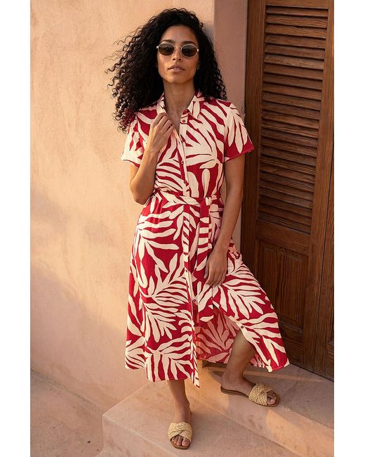 Roman Red Leaf Print Belted Midi Shirt Dress