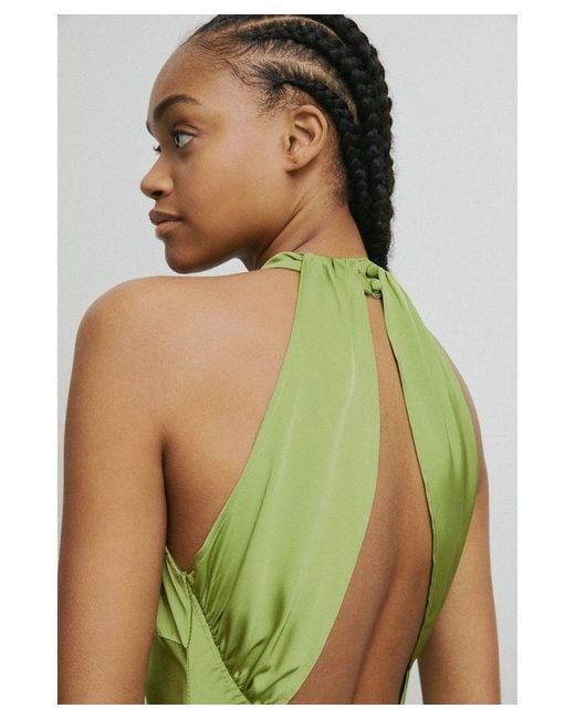 Warehouse Green Petite Satin Halter Neck Backless Slip Dress