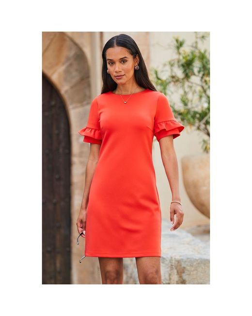 Sosandar Red Ponte Ruffle Sleeve Shift Dress