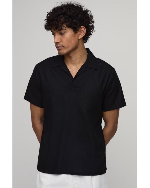 BoohooMAN Black Linen Blend Slim Revere Polo for men