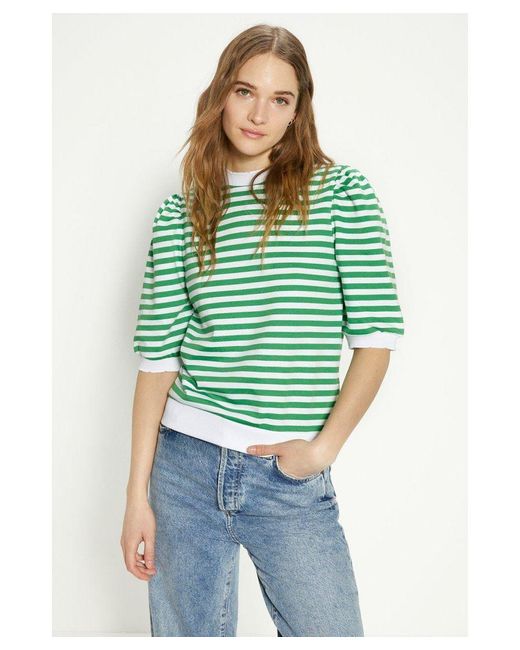 Oasis Green Stripe Scallop Short Sleeve Sweatshirt Cotton