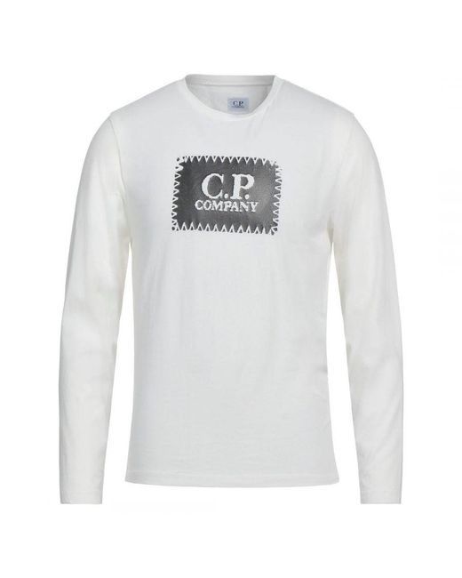 C P Company White Block Chest Logo Long Sleeve T-Shirt for men