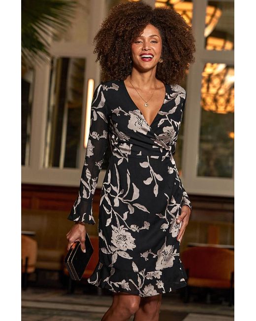 Sosandar Brown Shimmering Floral Print Wrap Dress