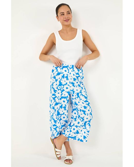 Roman Blue Petite Floral Print Cropped Trouser