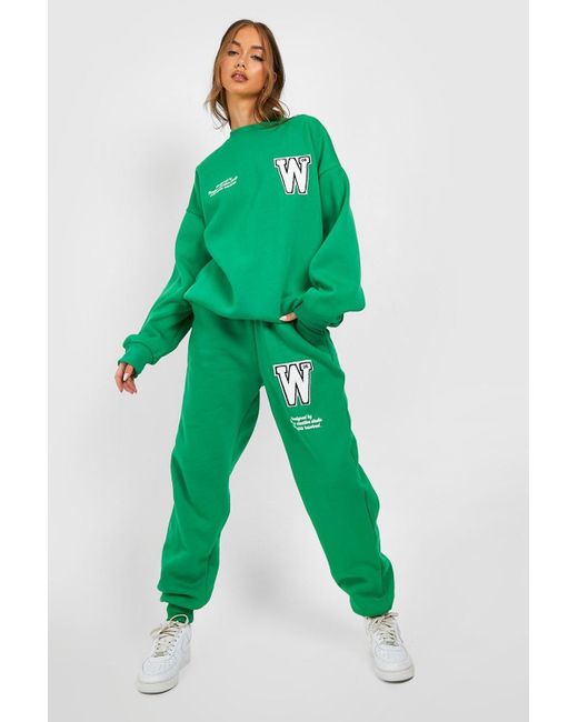Boohoo Green Varsity Applique Sweater Tracksuit