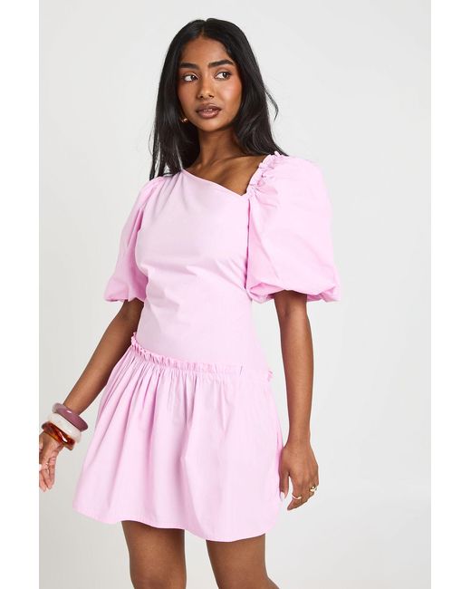 Boohoo Pink Puff Sleeve Asymmetric Neckline Mini Dress
