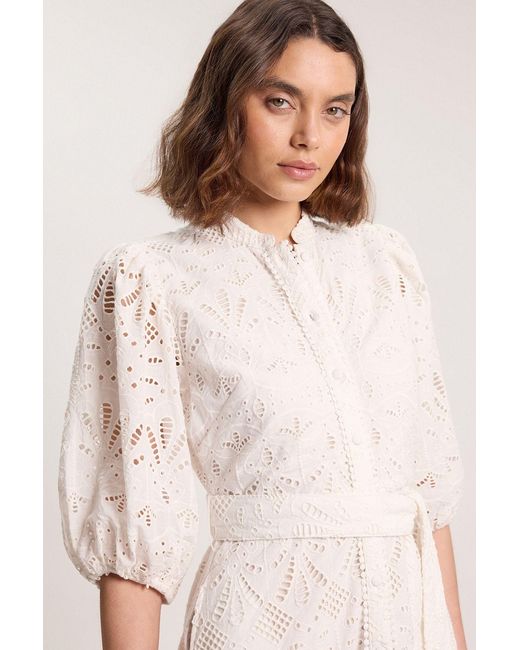 Karen Millen Natural Petite Scalloped Hem Broderie Midi Shirt Dress