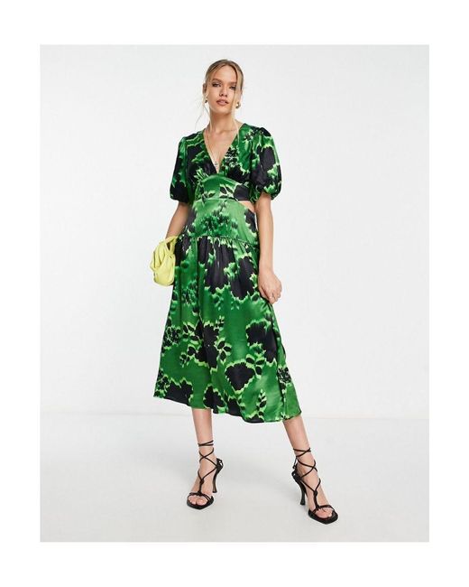 TOPSHOP Green Graphic Floral Cut Out Waist Midi Dress