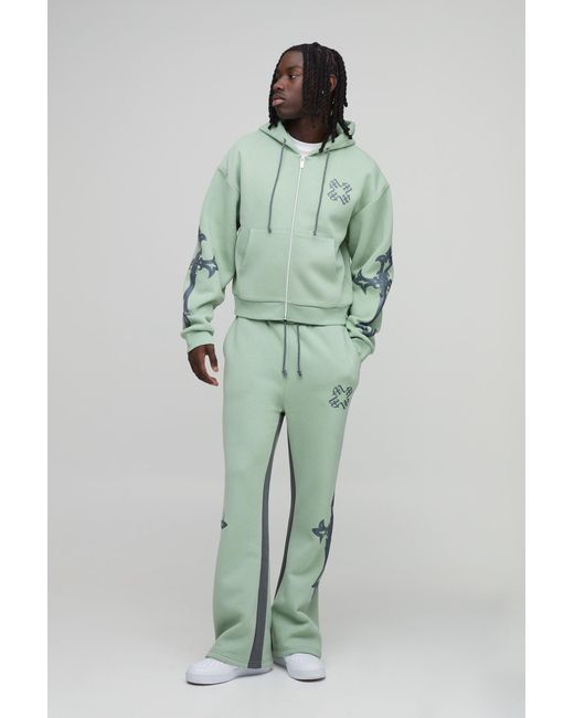 BoohooMAN Green Shrunken Cross Hooded Zip Flare Gusset Tracksuit for men