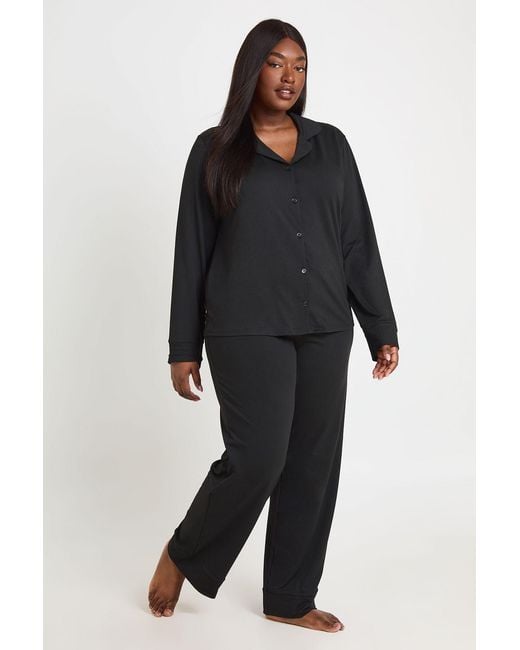 Boohoo Black Plus Soft Touch Button Through Shirt And Trouser Pyjama Set