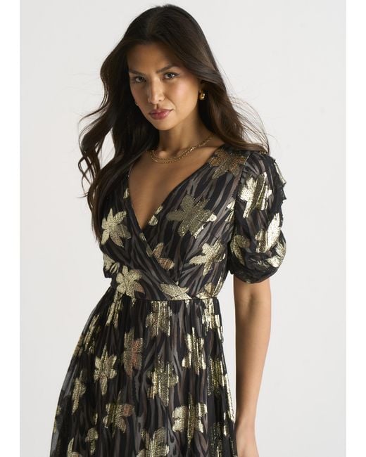 Gini London Black Floral Lurex Animal Wrap Front Dress