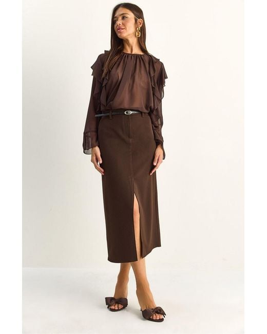 Bianco Lucci Brown High-Waist Midi Pencil Skirt With Slit