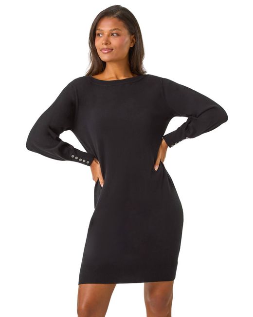 Roman Black Button Detail Slash Neck Knitted Stretch Dress