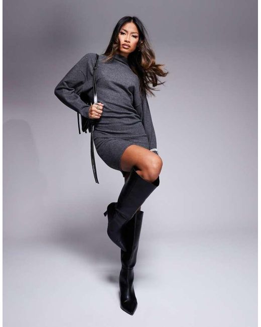 ASOS Gray Cinched Long Sleeve Grown On Neck Super Soft Mini Dress