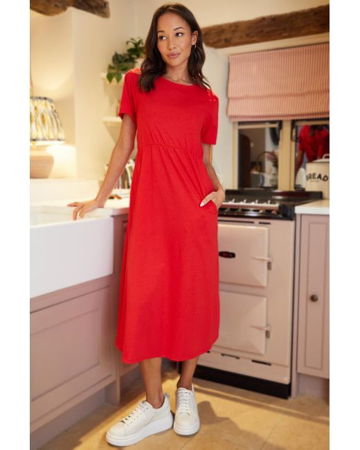 Threadbare Red Cotton Jersey Smock-Style Midi Dress With Pockets