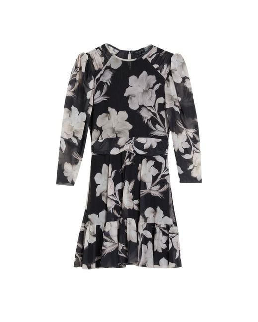 Ted Baker Black Carmel Gathered Shoulder Mesh Mini Dress