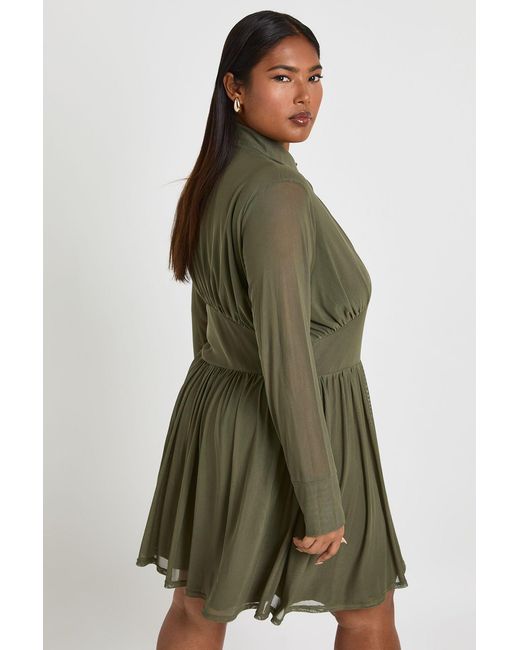 Boohoo Green Plus Collared Mesh Skater Dress