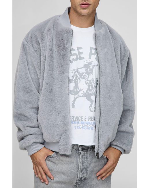 BoohooMAN Gray Regular Fit Faux Fur Bomber Jacket for men
