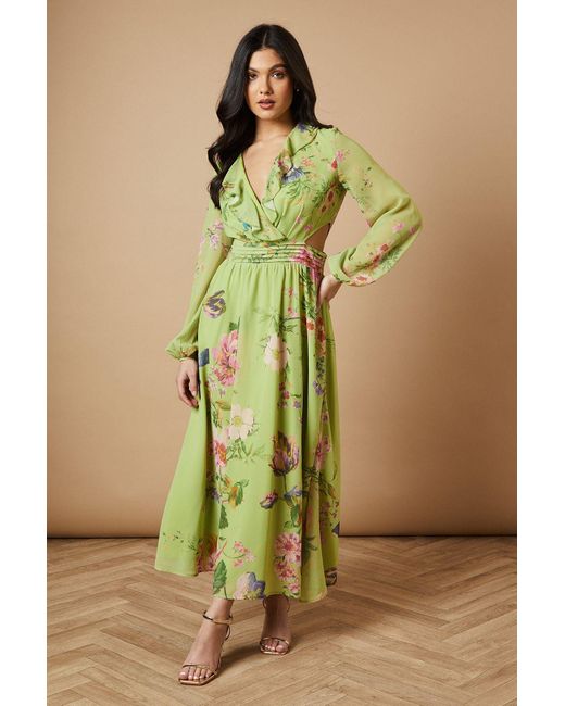Oasis Green Printed Cut Out Long Sleeve Midi Dress